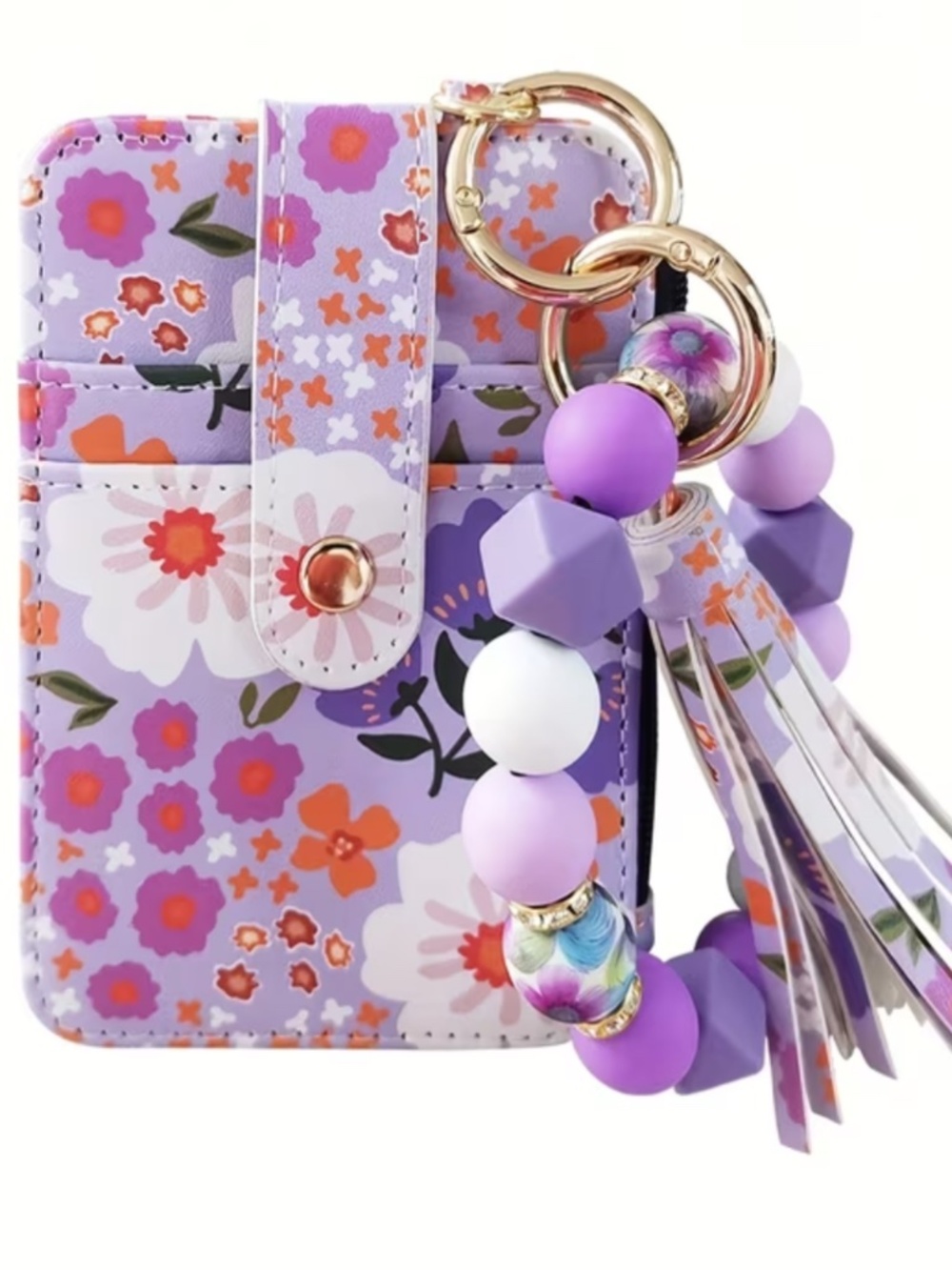 Floral Lavender Wristlet Wallet with Tassel and Beaded Key Chain~NEW